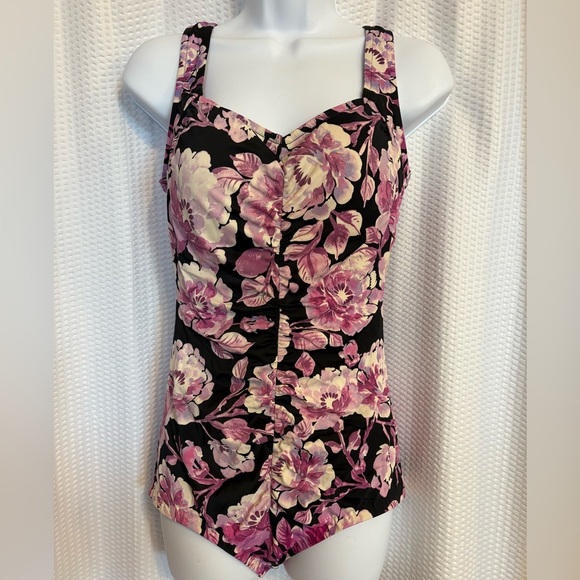 Azul black with purple & white floral print one-piece swimsuit size 12 - Picture 1 of 6